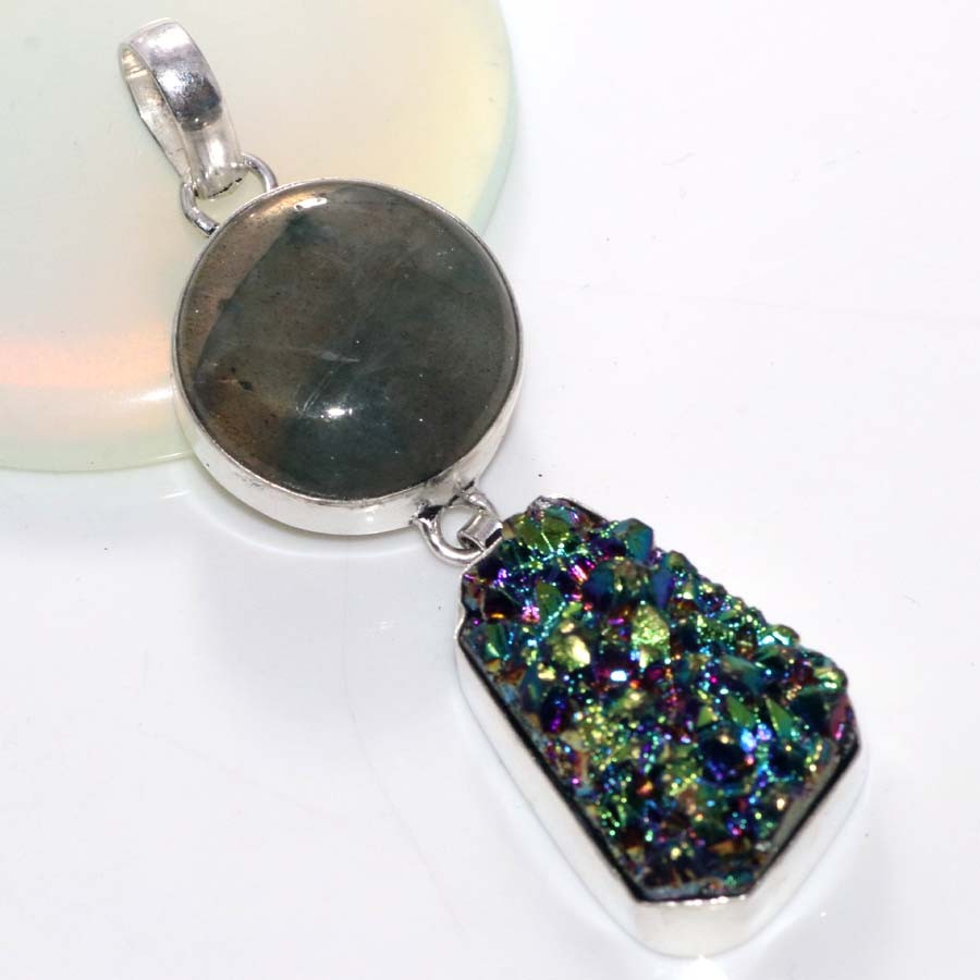 Long Titanium Druzy Fiery Labradorite 925 Silver Plated Pendant 2.5″ Trendy MJ