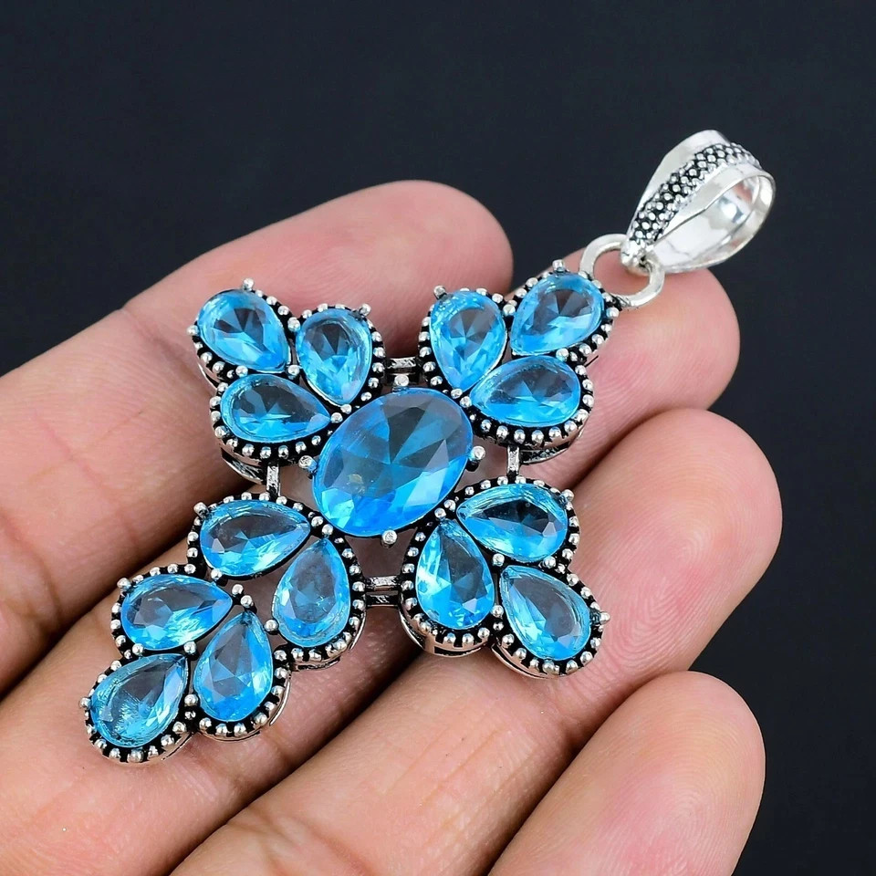 Swiss Blue Topaz Gemstone Handmade 925 Sterling Silver Jewelry Pendant 2.30″