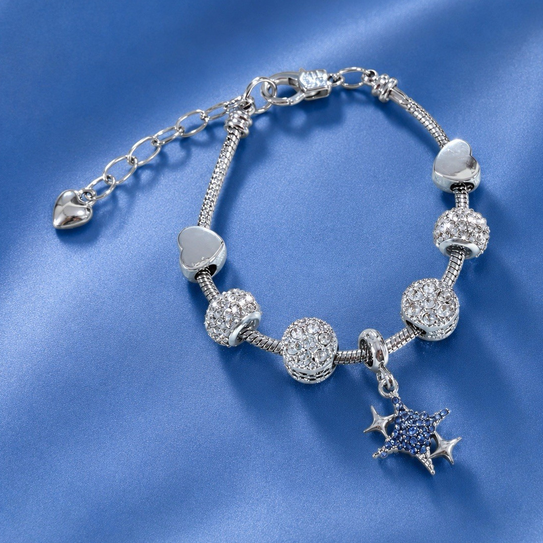 Silver Tone Blue Star Dangle Charm Pavé Crystal Adjustable Bracelet