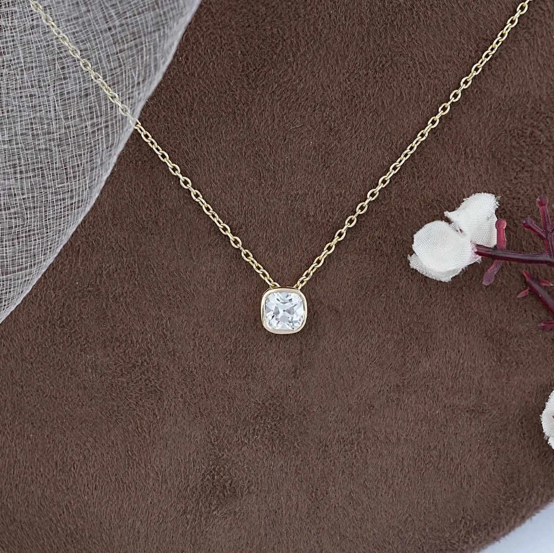 3.00 Ct Cushion EF VS Lab Grown Diamond Solitaire Bezel Necklace 14K Yellow Gold
