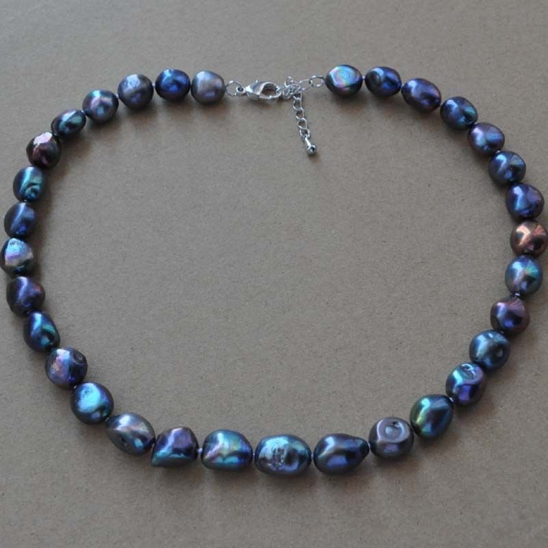 Natural 8-9mm Peacock Black Freshwater Cultured Baroque Pearl Necklace 18”