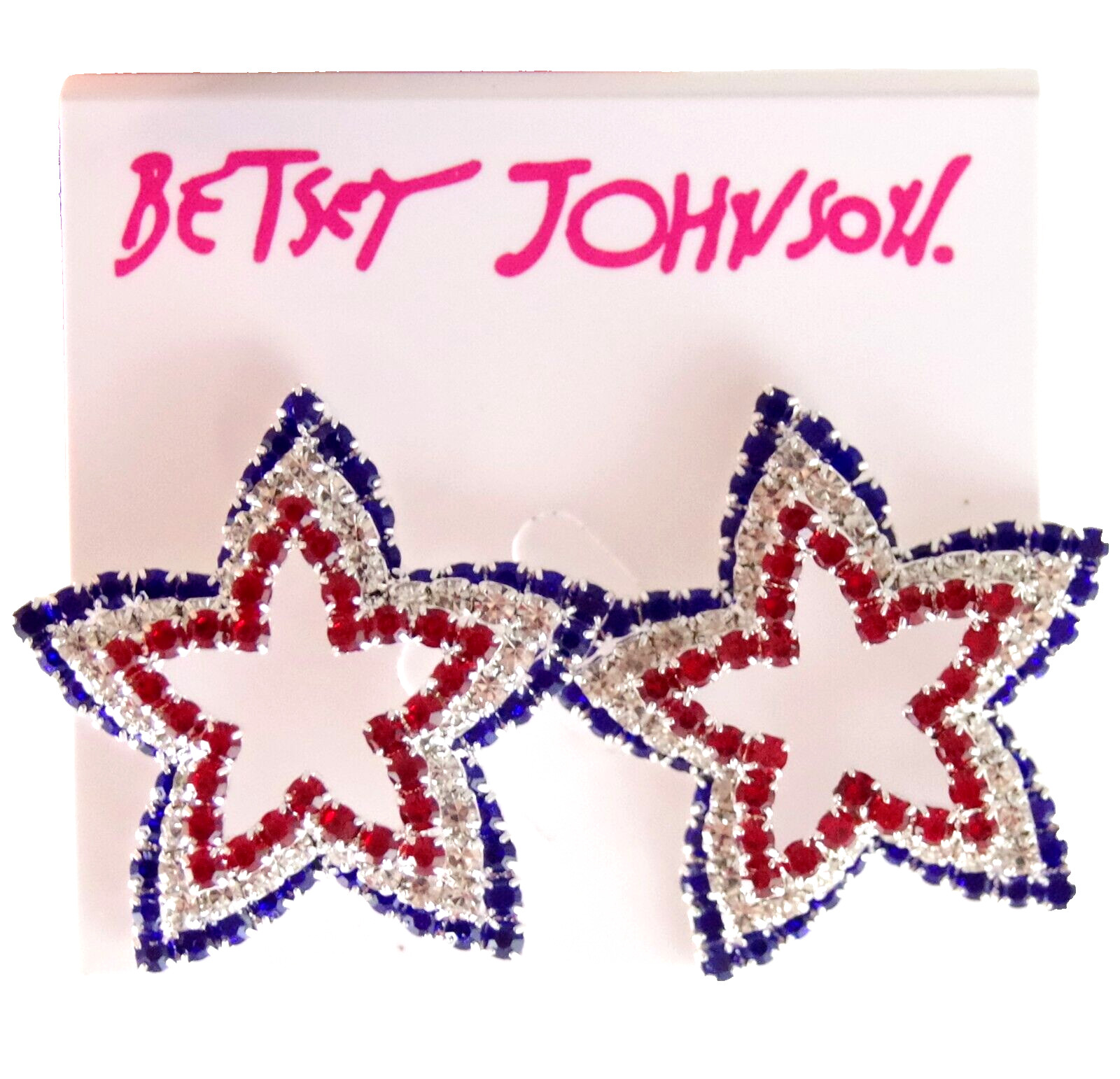 Prong-Set Rhinestones! 1.25″ NEW BETSEY JOHNSON PATRIOTIC TIERED STAR EARRINGS