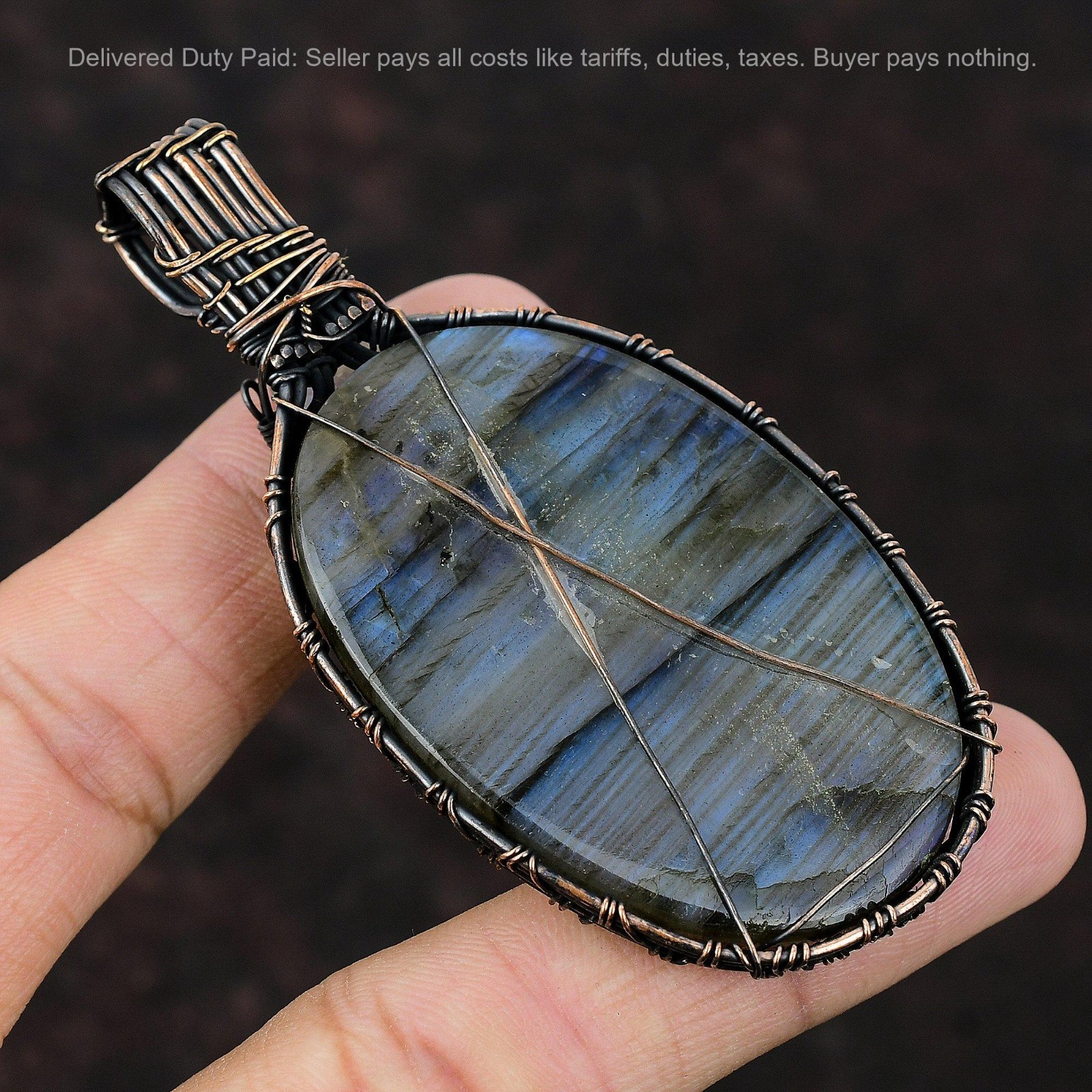 Labradorite Gemstone Rainbow Moonstone Copper Wire Wrapped Boho Pendant Jewelry