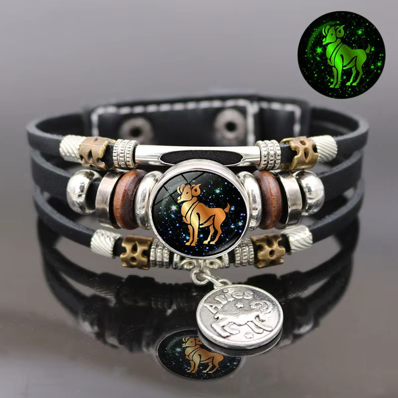 Luminous 12 Constellation Vintage Bracelet for Men Women Braided Punk Leather Br