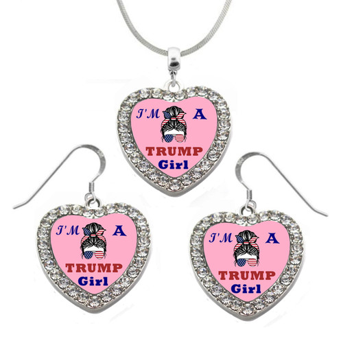 Im A Trump Girl Heart Rhinestone Necklace & Earring Set on .925 Chain & J-Hooks