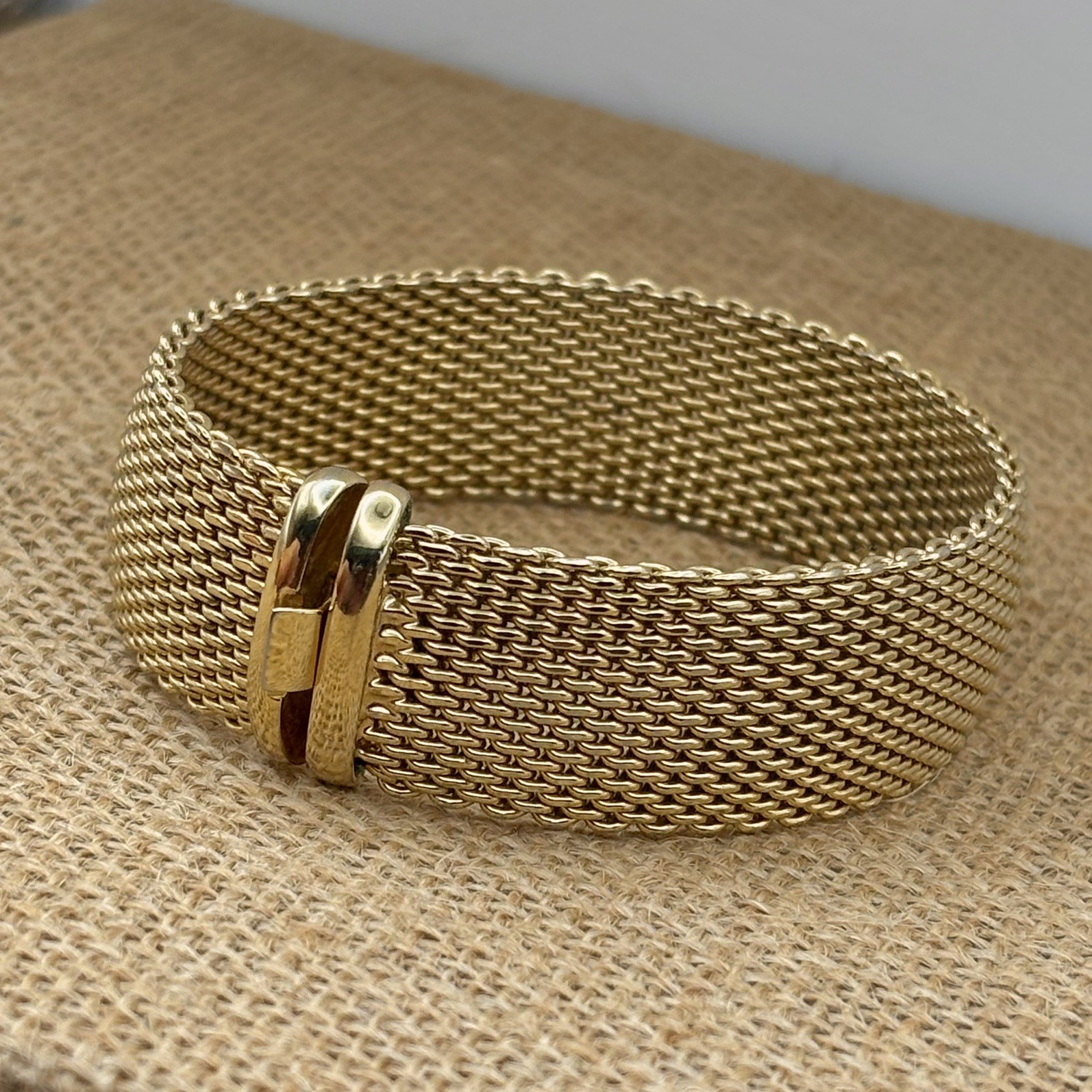 Woven Mesh Bracelet 14K Gold Electroplate ESPO Signed 7.5″ long; 0.75” wide 44g