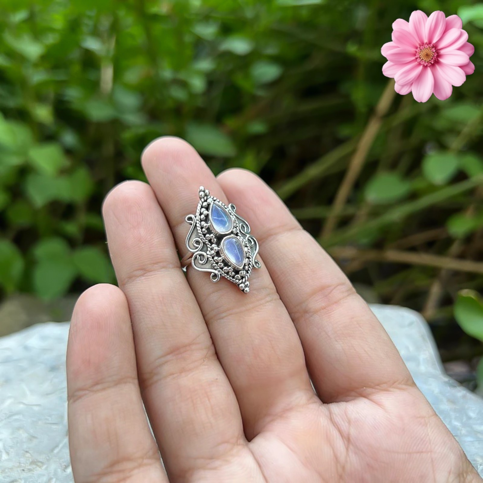 Rainbow Moonstone Gemstone 925 Sterling Silver Ring Handmade Jewelry Ring Gift