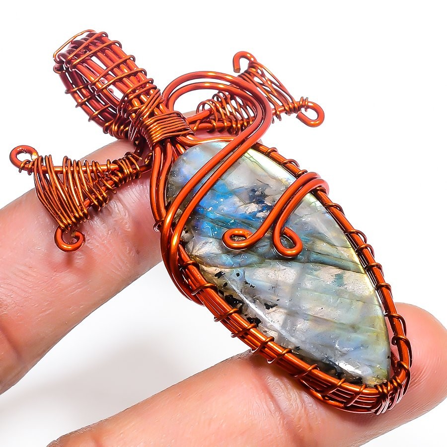 Labradorite Pear Shape Gemstone Wire Wrap Copper Jewelry Pendant 2.5″ PG 1838