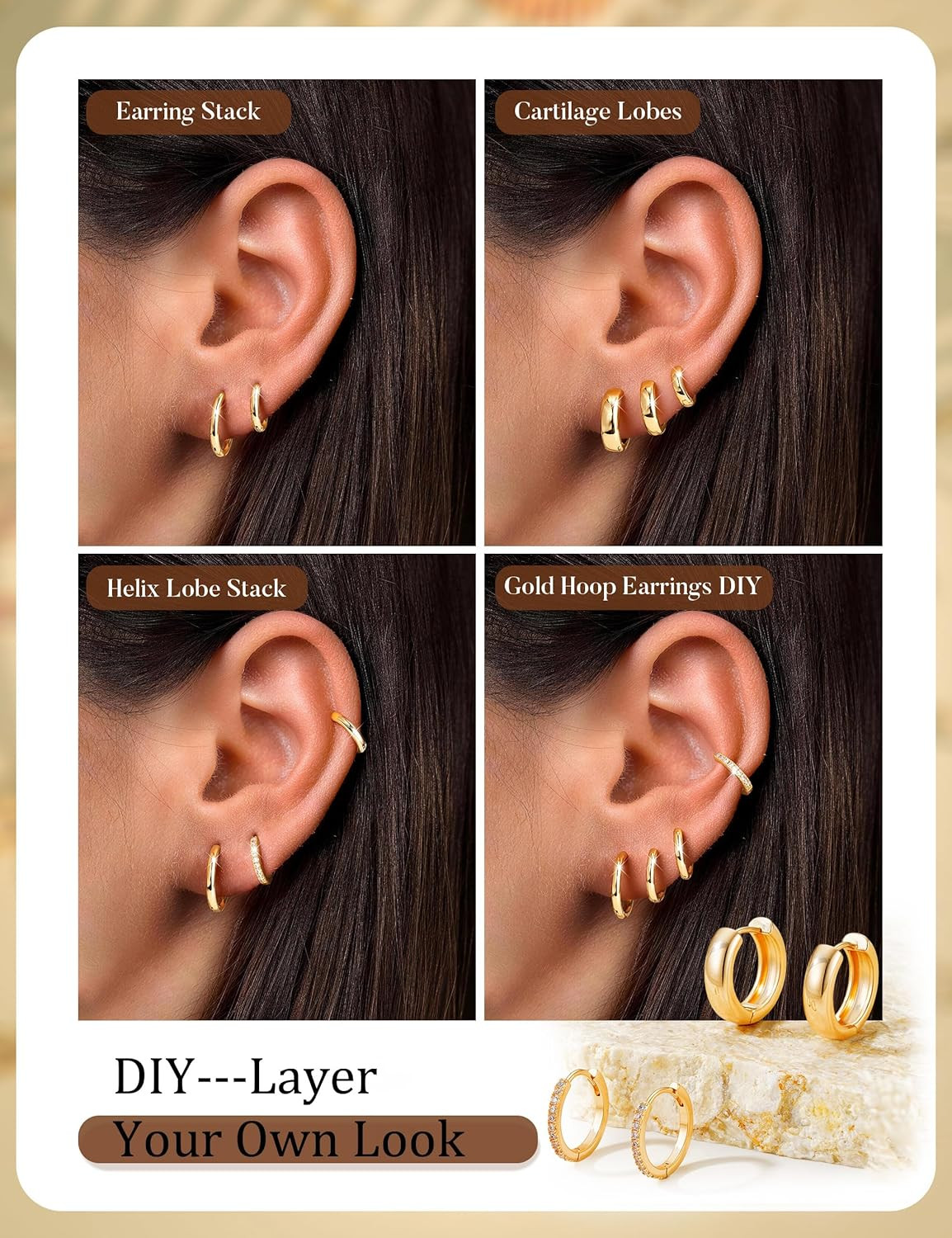 9 Pairs Gold Hoop Earrings Sets for Women | 14K Gold Plated Hypoallergenic Huggi