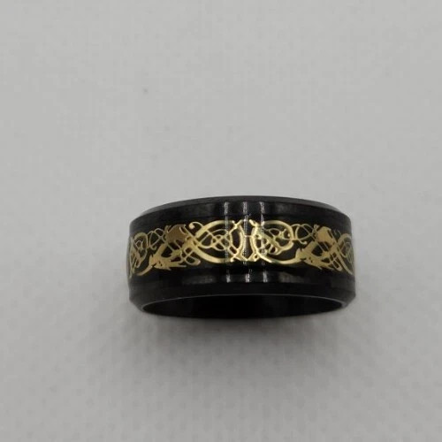 Black Ion-Plated Stainless Steel w/ Gold Tone Celtic Dragon Band Ring – Size 6