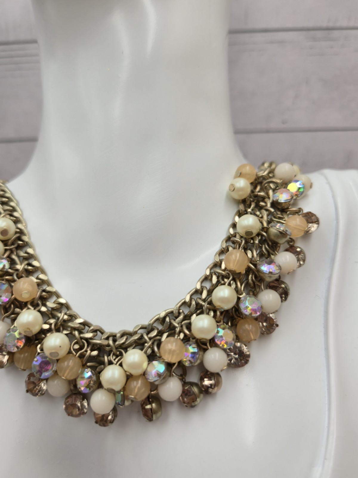 Lydell NYC Statement Necklace Chunky Beaded Rhinestone Gold Tone Bib Style 229