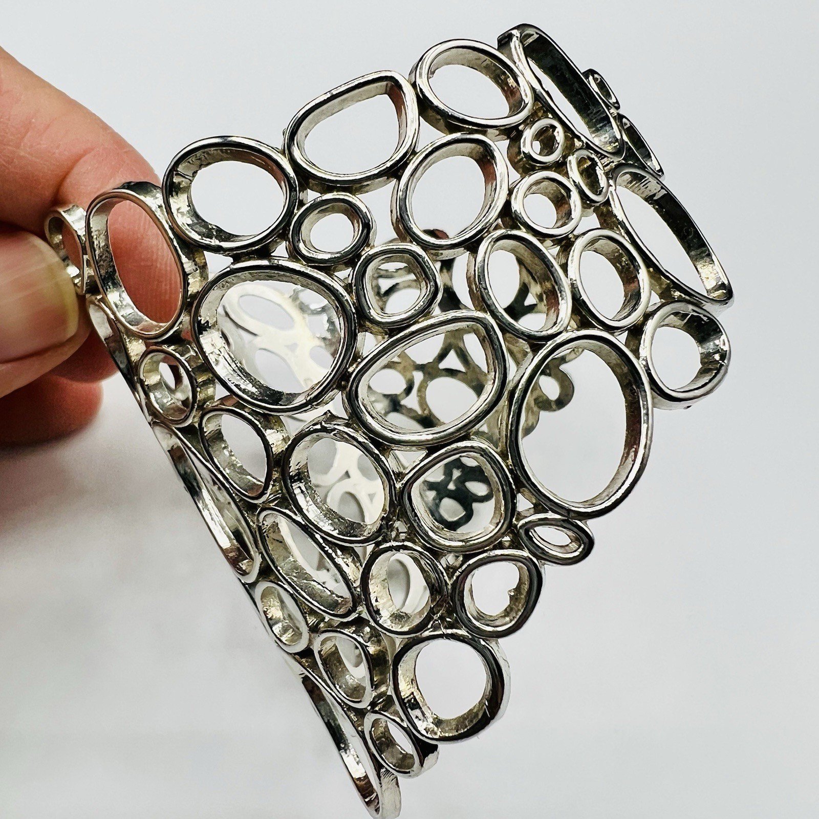 Wide Silver Tone Open Circle Cuff Bracelet Bubble Abstract Statement Modern Bold