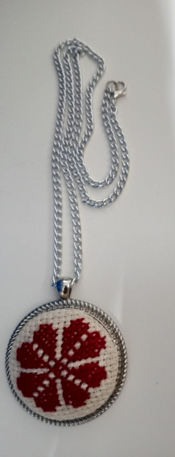 Handmade Cross Stitch Aida Fabric Pendant Necklace Stainless Steel Chain