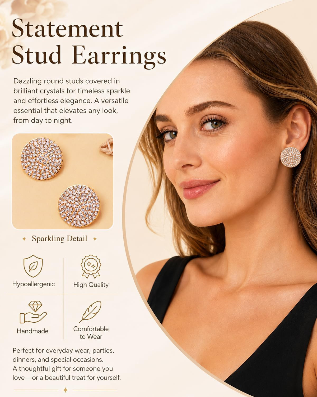 Statement Hypoallergenic Stud Earrings for Women Luxury Prom Jewelry Rhinestone