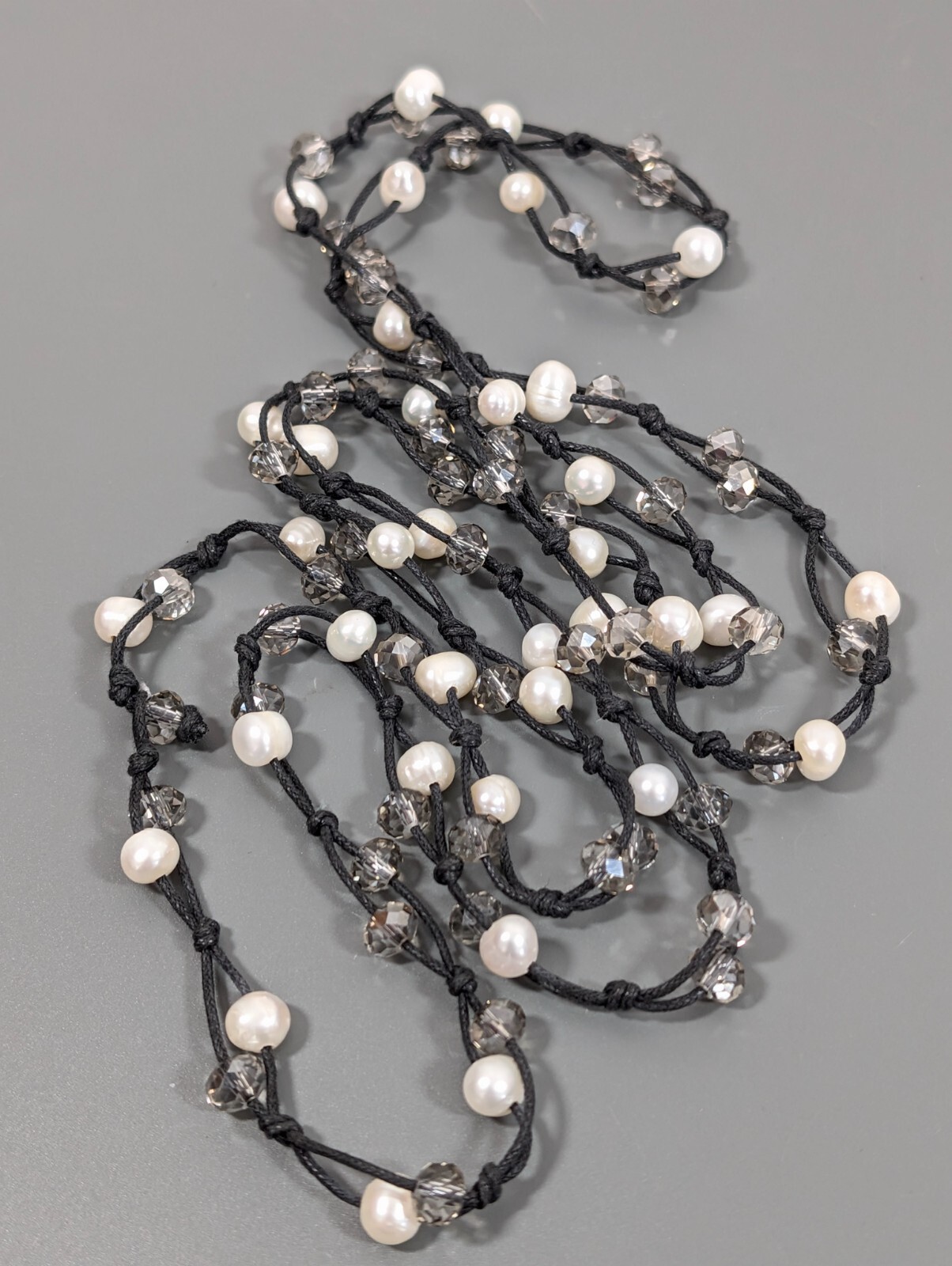 Boho BEachy Black Cord White Pearl Gray Glass Bead Layering Long Necklace 52 in