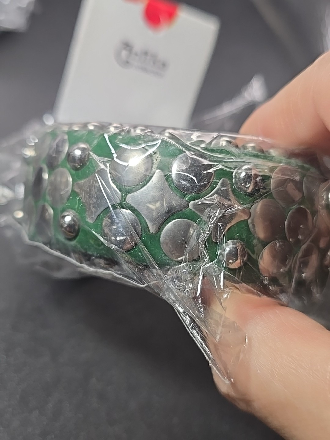 India Chunky Bangle Bracelet Green Silver 2.5″ Diameter Shapes Floral Antika New