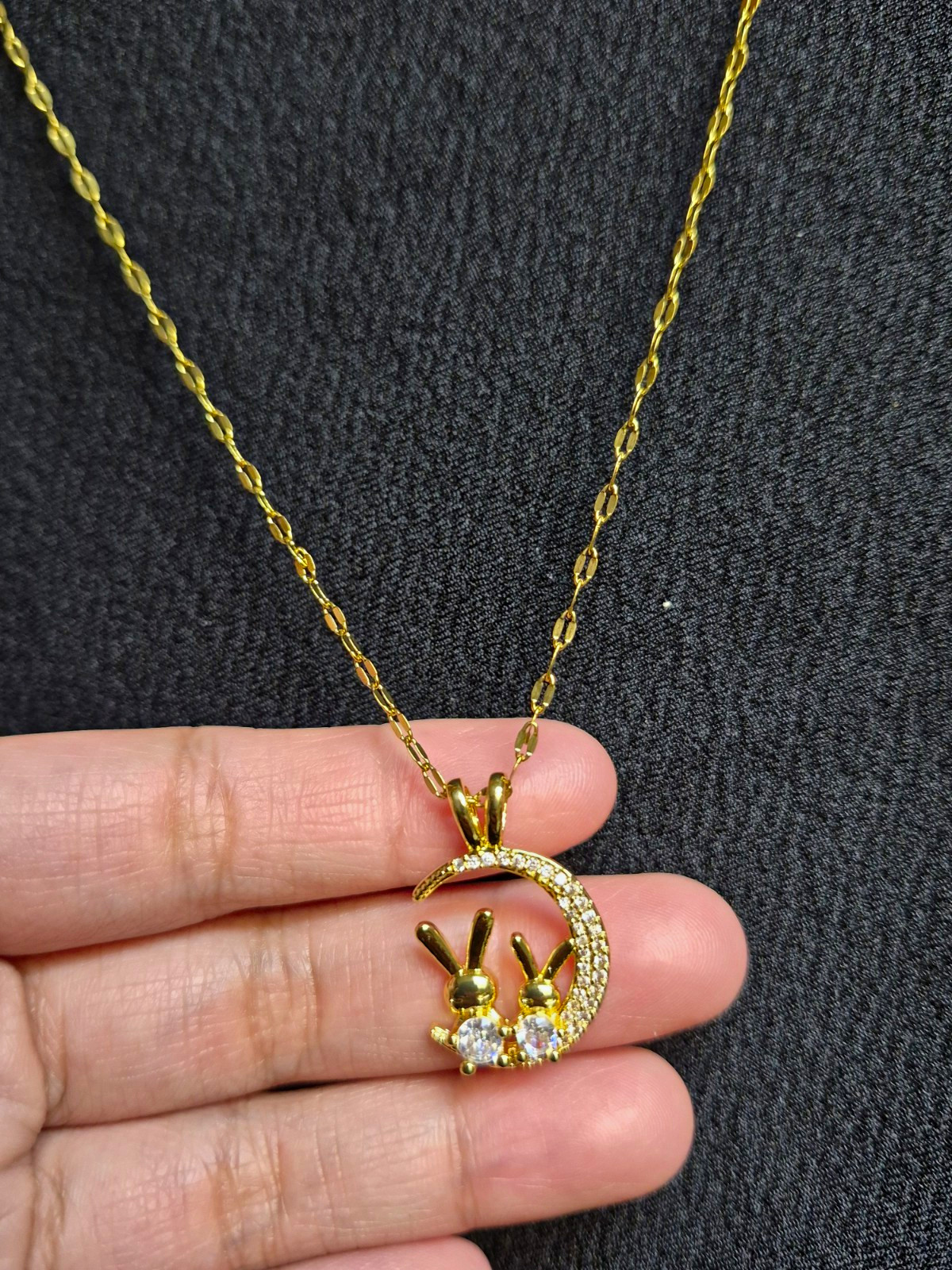 Gold Tone Cable Chain Rabbit Crescent Moon CZ Charm Pendant Necklace Toggle
