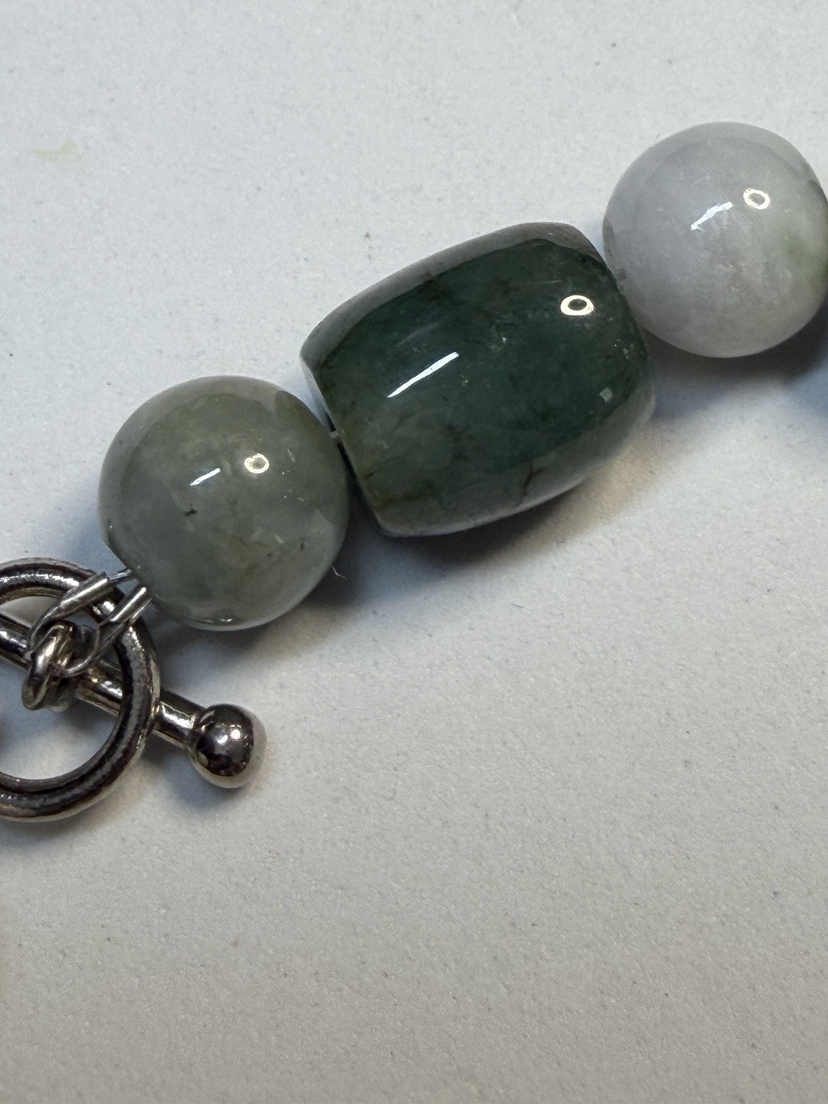 Vintage Natural Green Nephrite Jade & Agate Barrel Bead Toggle Bracelet 19.5cm