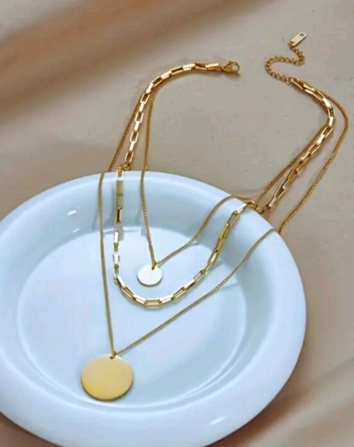 Gold Tone Layered Paperclip Chain Round Coin Disc Pendant Necklace Minimalist