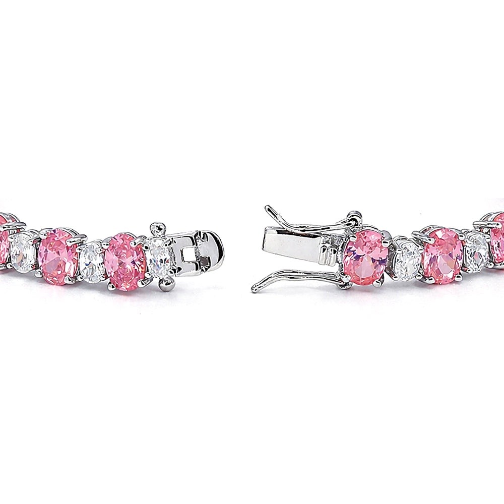 925 Sterling Silver Pink & White CZ Duo Oval Classic Bracelet 7.25 Inches