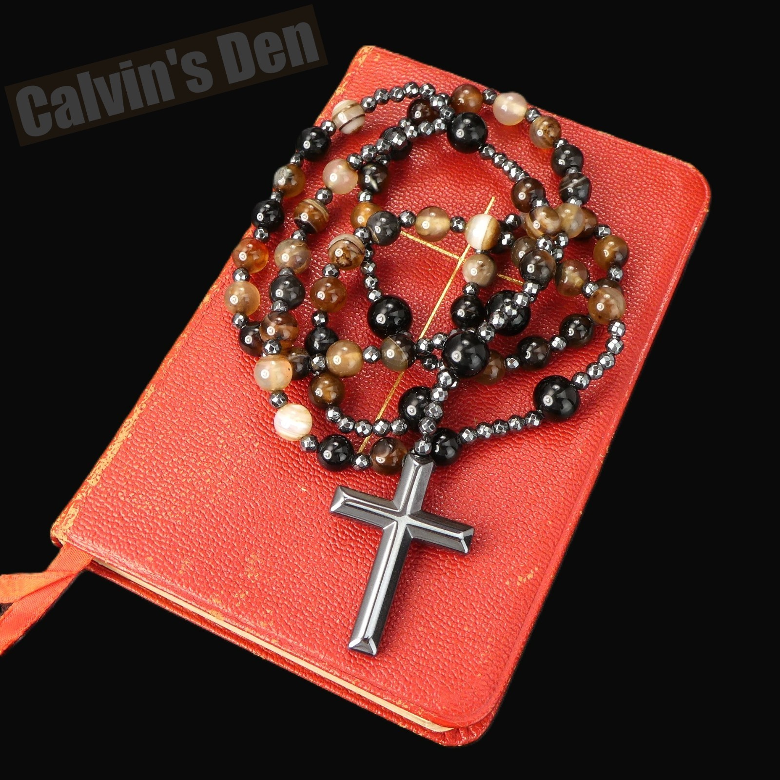 Brown Agate Black Onyx Bead Black Hematite Cross Rosary Necklace Man Women Gift