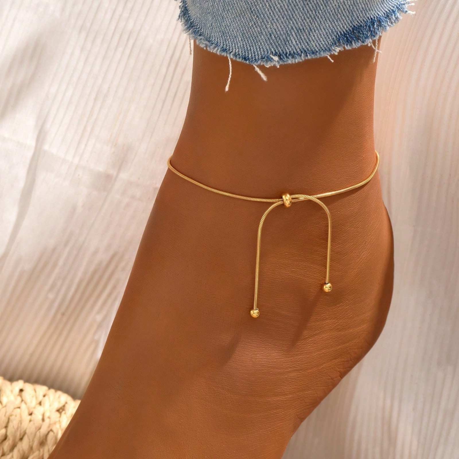 Drawstring Gold Ankle Bracelets For Womens Minimalist Jewelry Feet Anklet Adjust