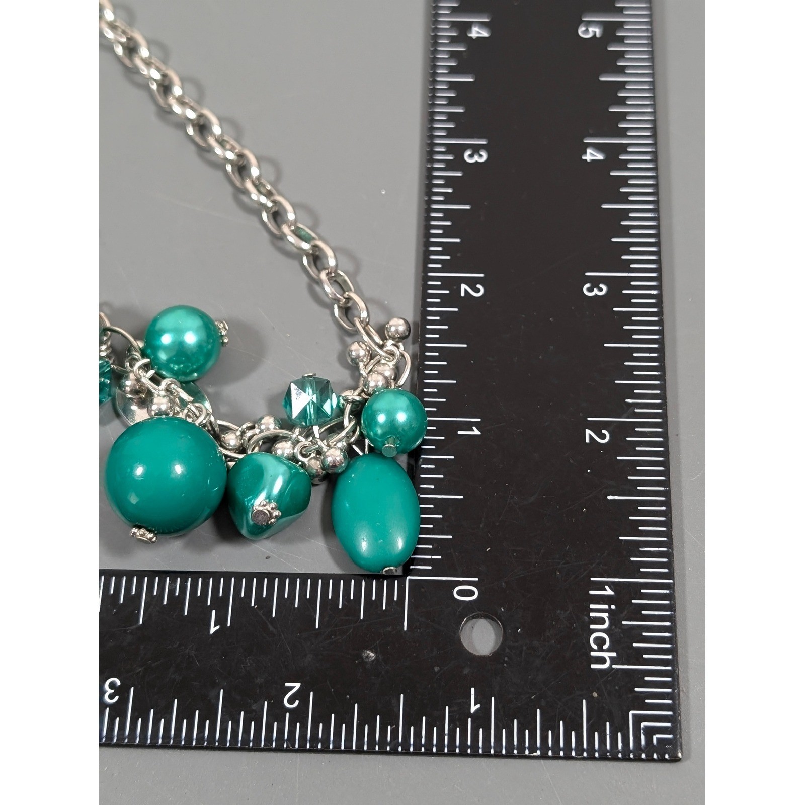 Green Beaded Statement Necklace Silver Tone Faux Pearl Cluster Charm 20″