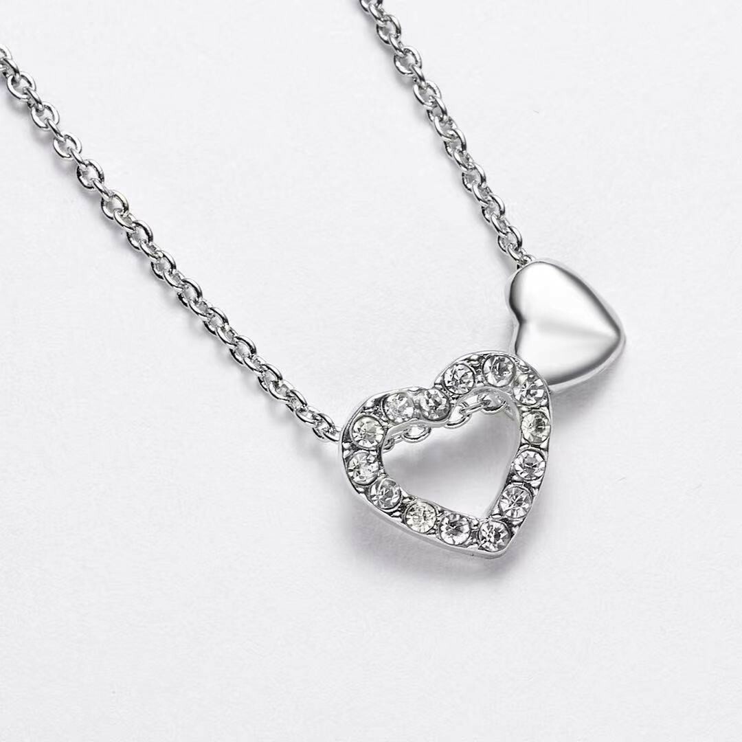 Fashion Women Crystal Necklace Retro 3D Double Hollow Love Heart Pendant 0924
