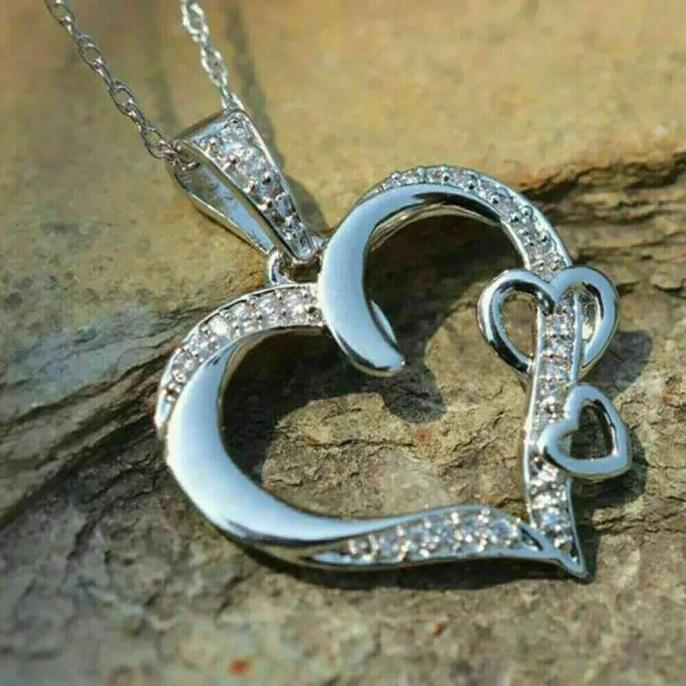 1Ct Round Cut Simulated Diamond Triple Heart Shape Pendant 14K White Gold Plated