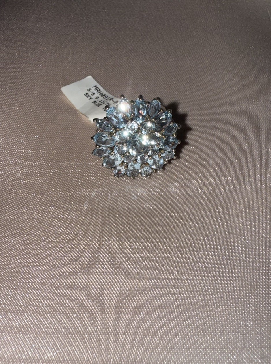 Blue Topaz Flower Cluster Halo Cocktail Ring, Prong Set, Silver-Tone, Size 8