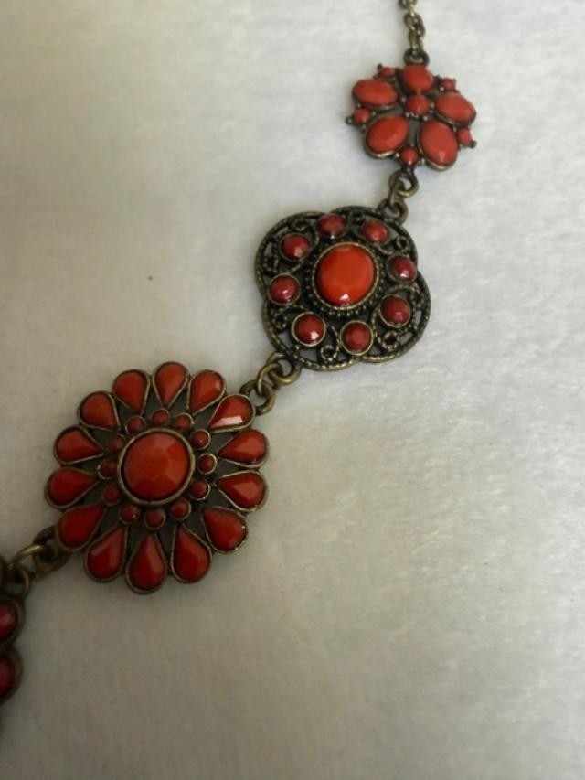 Orange Faux Coral Filigree Boho Statement Necklace 23″ + 3″ Extender