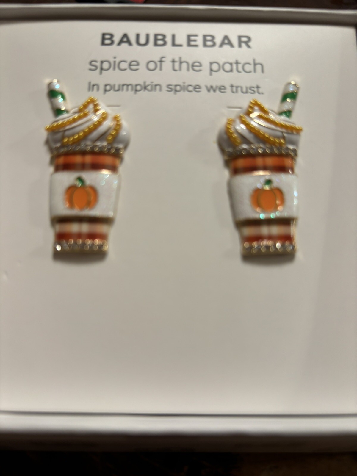 BaubleBar Pumpkin Spice Latte Earrings The Spice of The Patch Rhinestones Fall