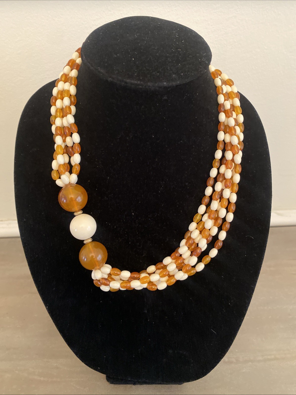 Necklace Boho Chunky Beaded Brown Ivory Earth Tone Multi Strand Statement Retro