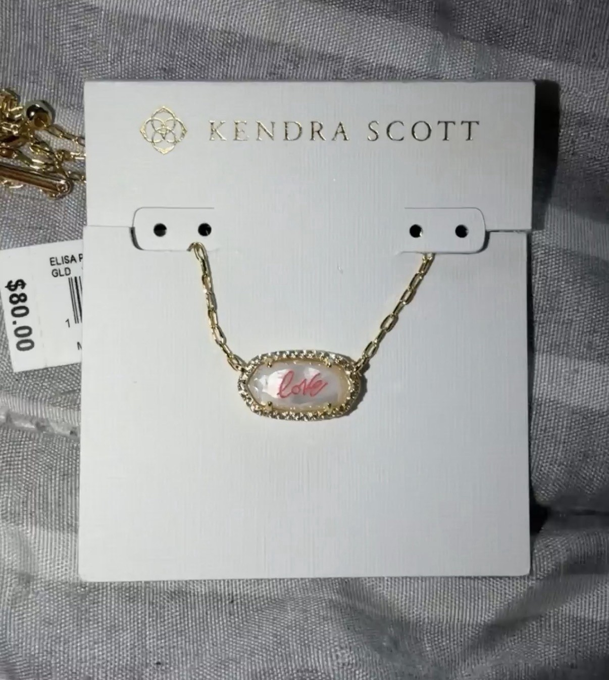 Kendra Scott Elisa White Iridescent pink Love With Adjustability Gold Necklace