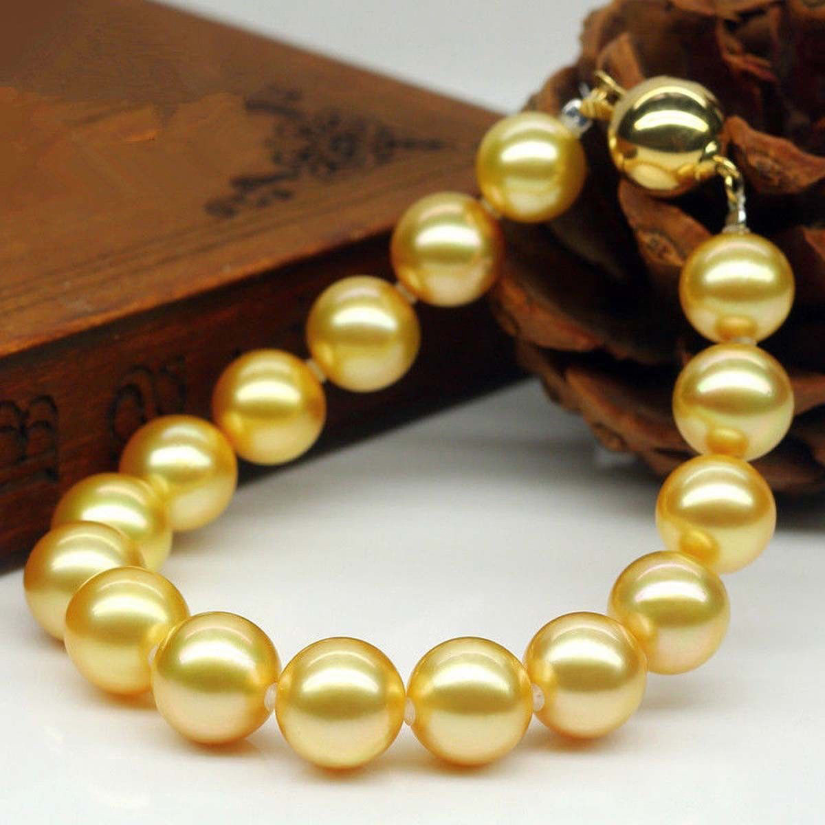 Beautiful 10mm Yellow Shell Pearl Round Beads Bracelet 7.5”