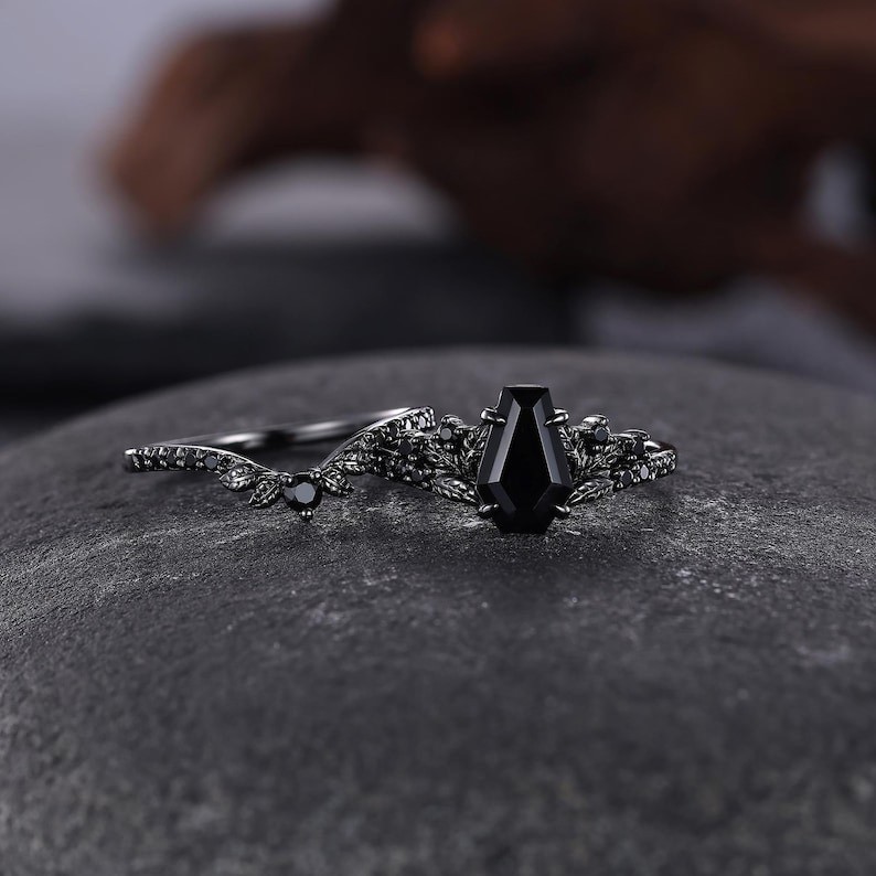 Black Onyx Gothic Engagement Ring Coffin Stone Vintage Leaf Statement Jewelry