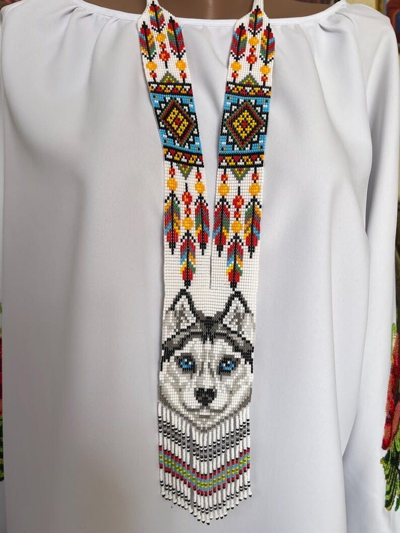 Wolf Handmade Necklace Seed Bead Boho American Style Netiv Beaded Multi Strand