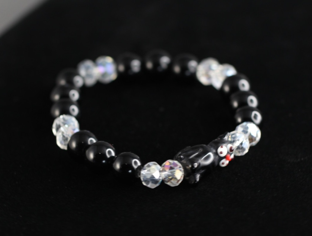 Black Cat Lampwork Bracelet 7″ Elastic Glass Beads Crystal Black Onyx Felix