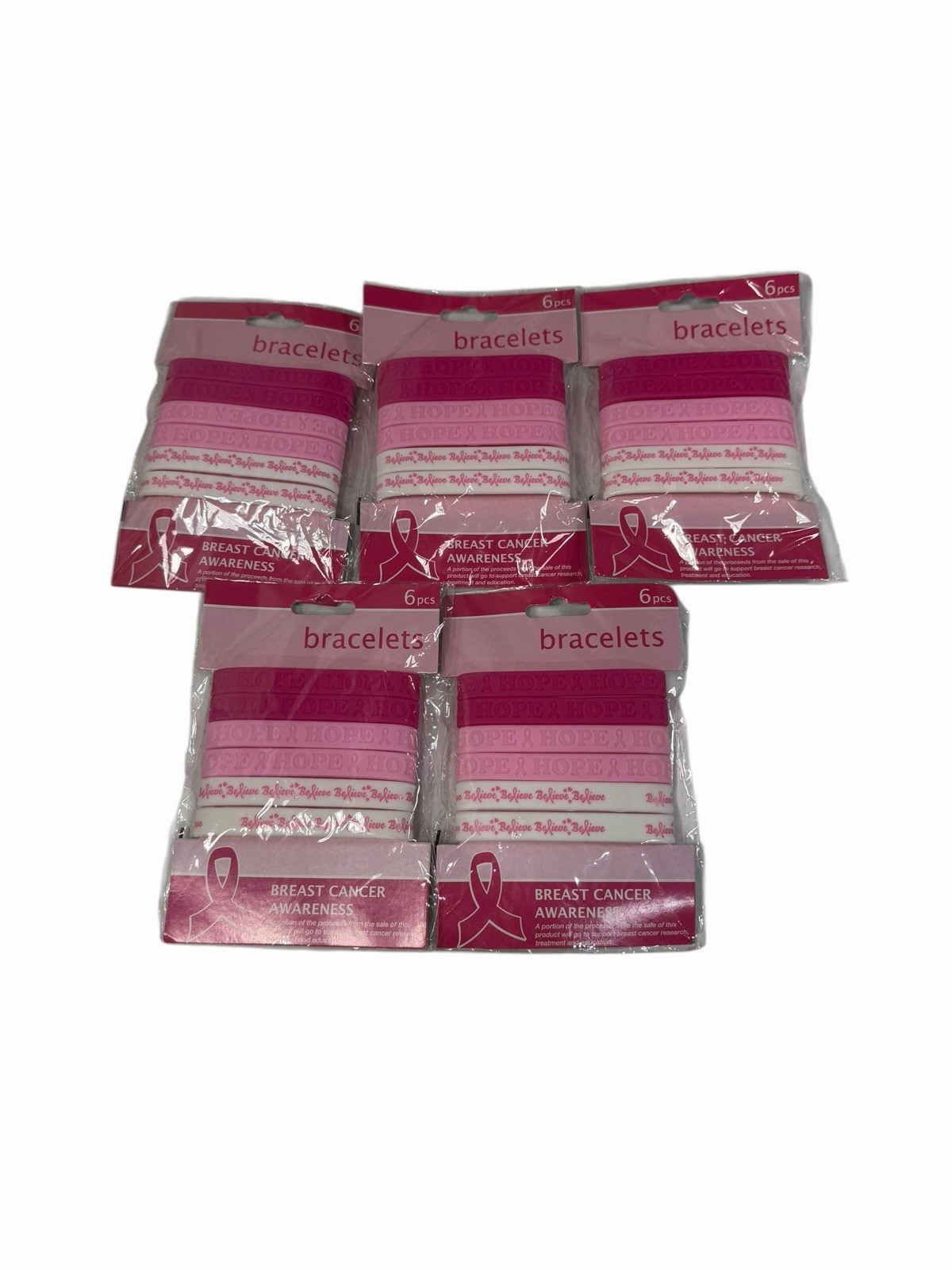 Pink Ribbon Rubber Bracelets lot of 5 packs 6 count each 30 bracelets