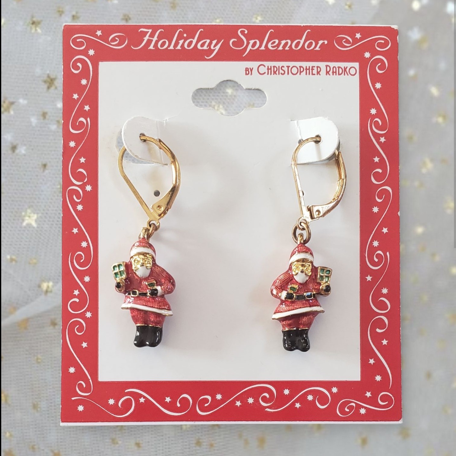Vintage Christopher Radko Holiday Splendor Gold Tone 3D Santa Drop Earrings NWT