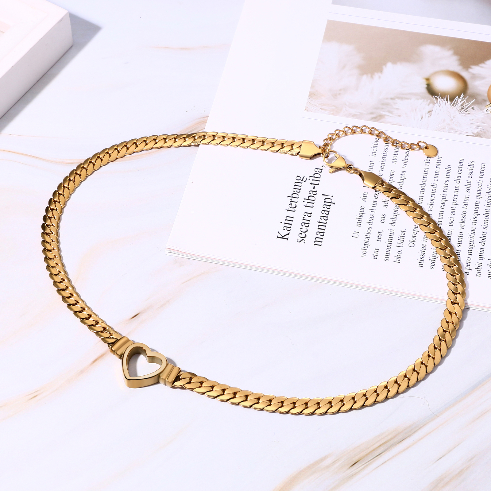 Women’s Girls Chunky Flat Cuban Link Chain Necklace Stainless Steel Heart Choker