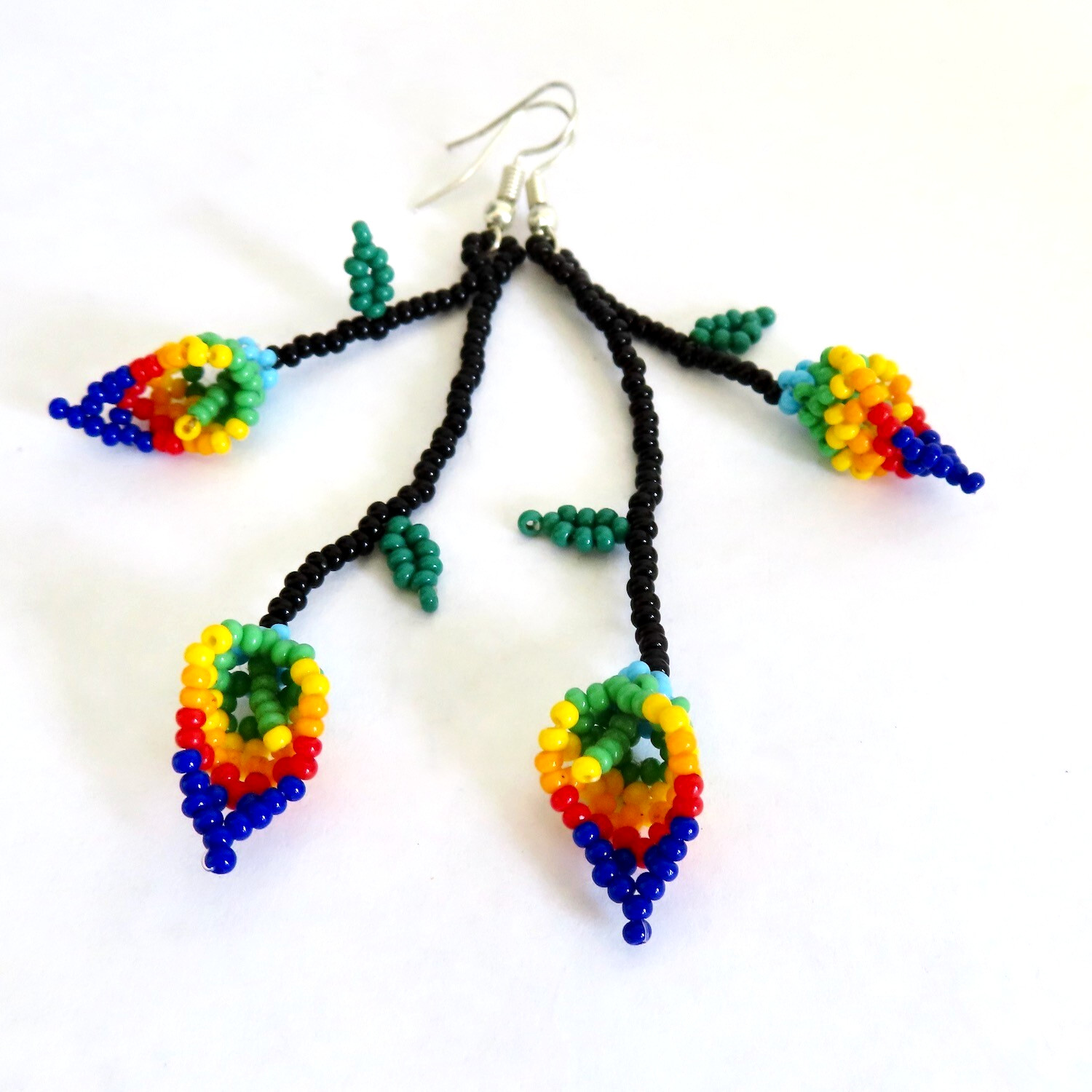 Tribal Earrings Blue Red Beaded Calla Lily Flower Huichol Ethnic Mexico Folk Art