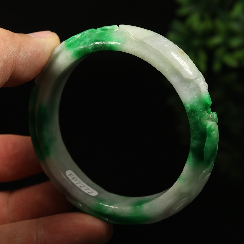 58mm White Emerald Green Jadeite Jade Bracelet Bangle Ruyi Rabbit Bat A-14597