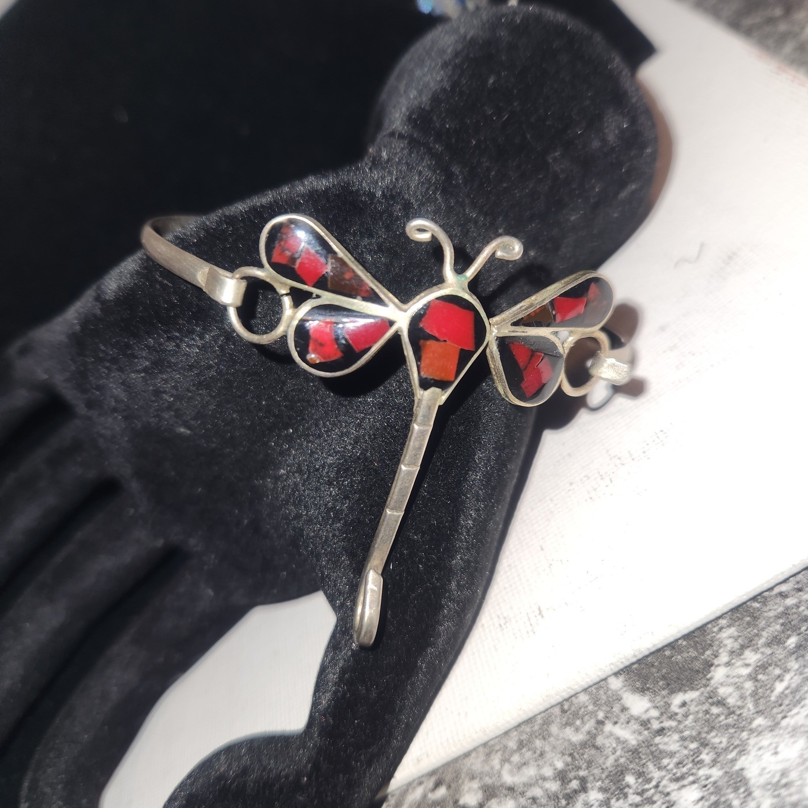 Vintage Dragonfly Inlay Cuff Bracelet Red Black Mosaic Silver Tone Artisan Boho