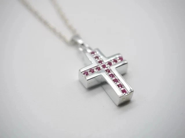Round Cut Simulated Pink Ruby Cross Charm Pendant Chain In 14k White Gold Plated