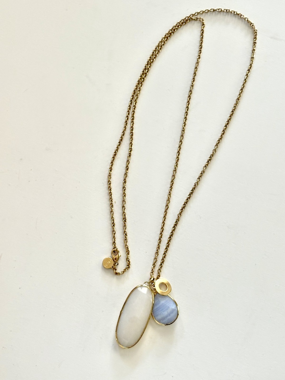 Stella & Dot “Trinity” Necklace Pendant Trio Blue Lace Agate 30″ Gold Tone