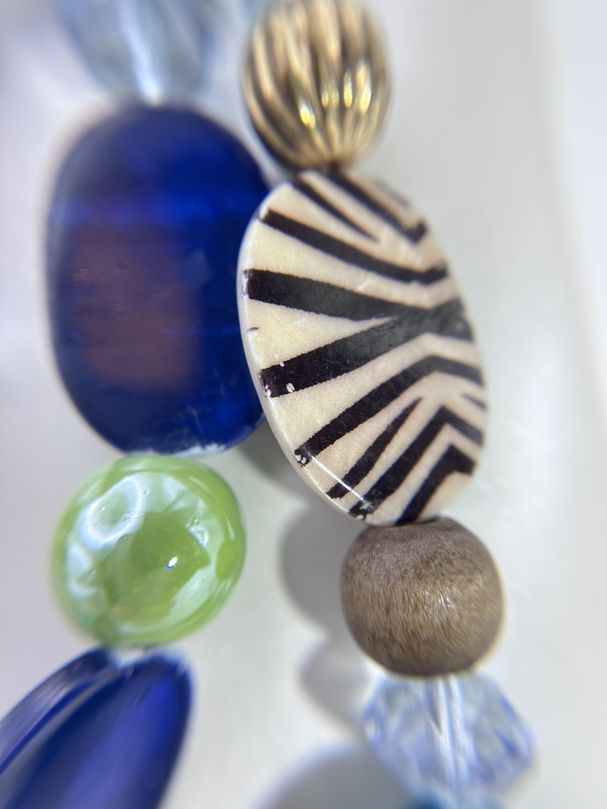 Jules B Multistrand Beaded Statement Necklace Blue Green Wood Zebra Boho 34″
