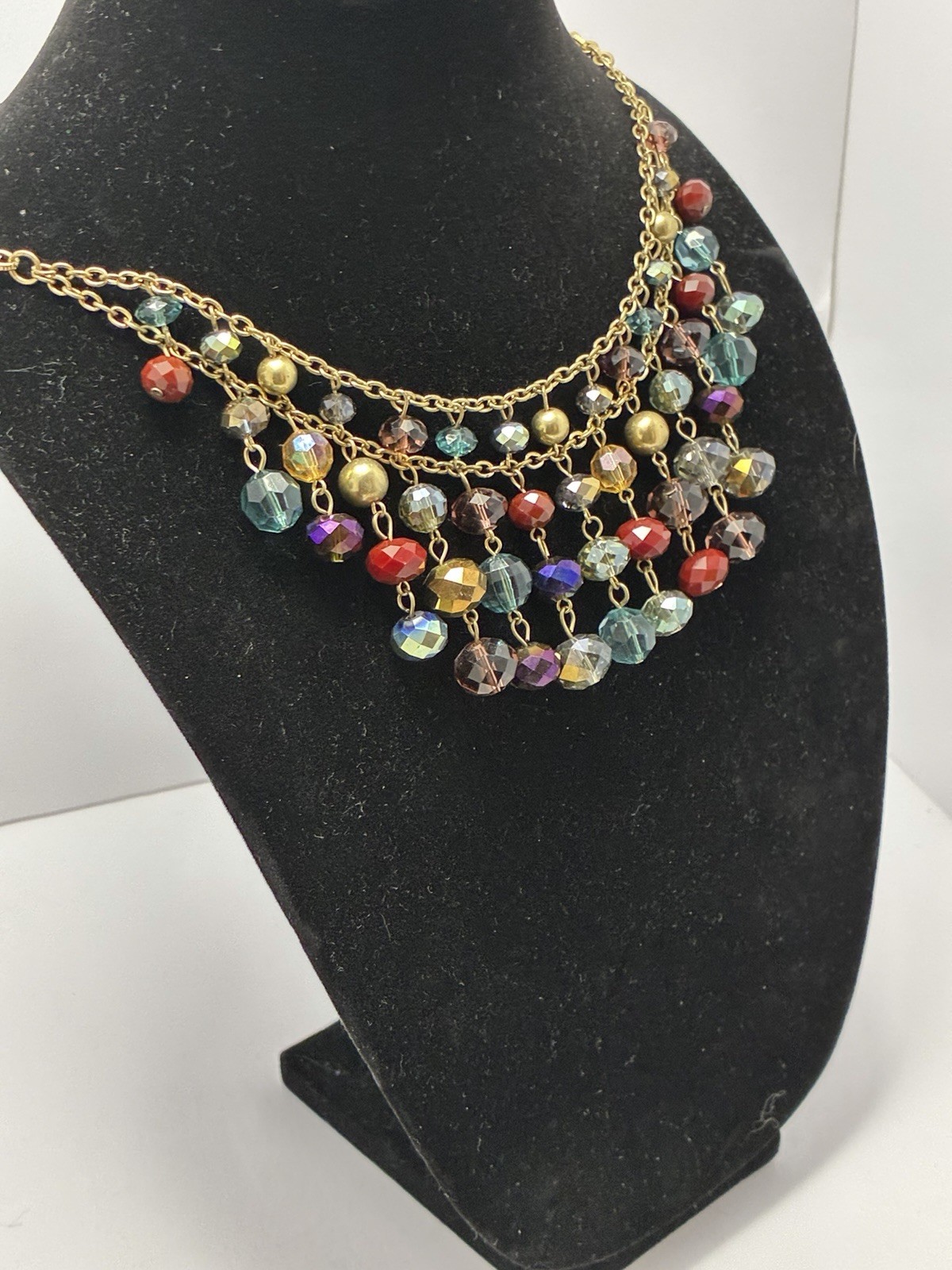 Jules Signed Gold Tone Layered Statement Necklace Multicolor Glass Beads Adj