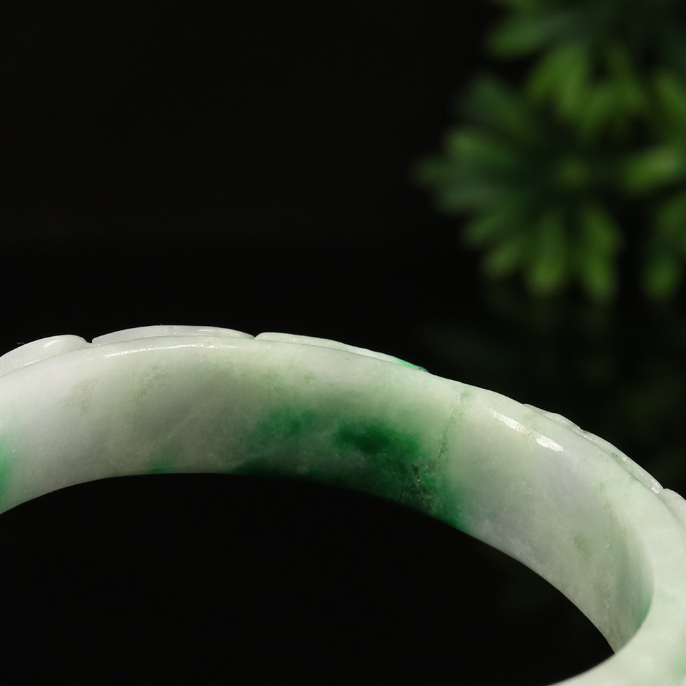 58mm White Emerald Green Jadeite Jade Bracelet Bangle Ruyi Rabbit Bat A-14597