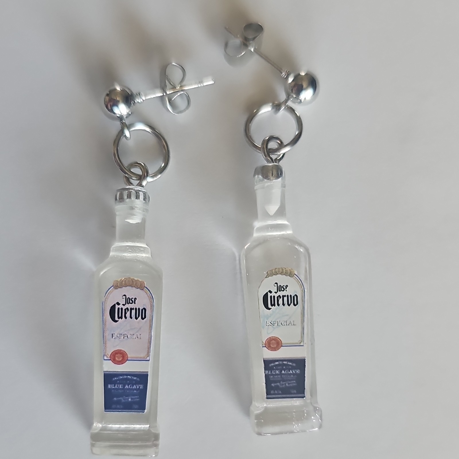Tequila Bottle Dangle/Drop Earrings Clear Silver Plastic Metal Butterfly Back